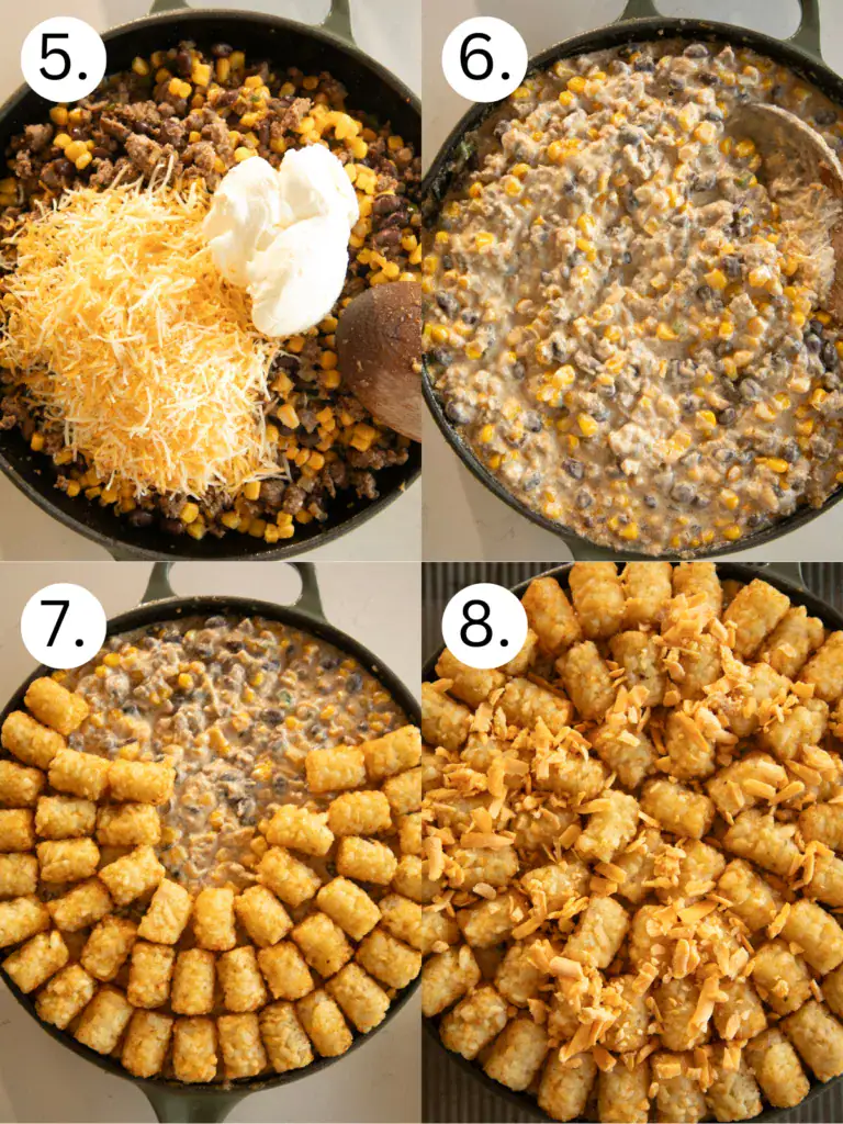 step by step labeled process shots of finishing the tater tot casserole