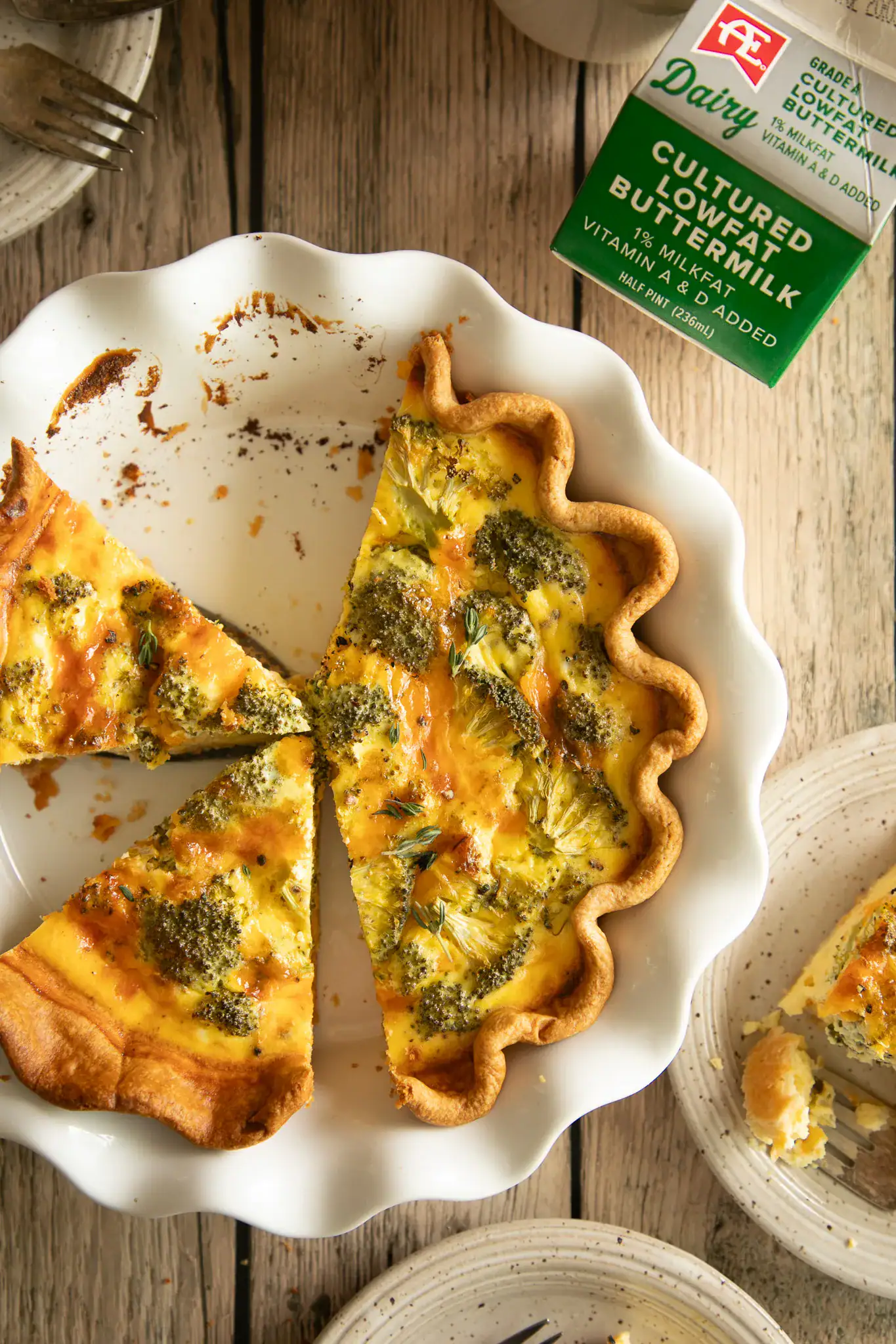 Easy Broccoli Cheddar Buttermilk Quiche with Crust