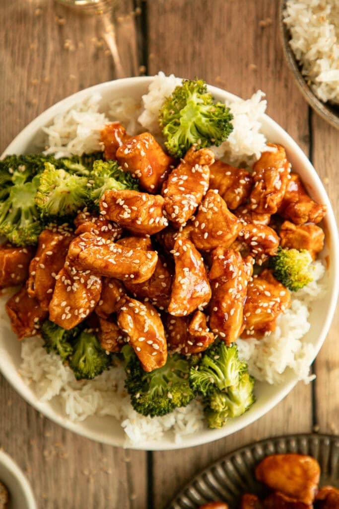 bowl of rice with sweet and sour chicken
