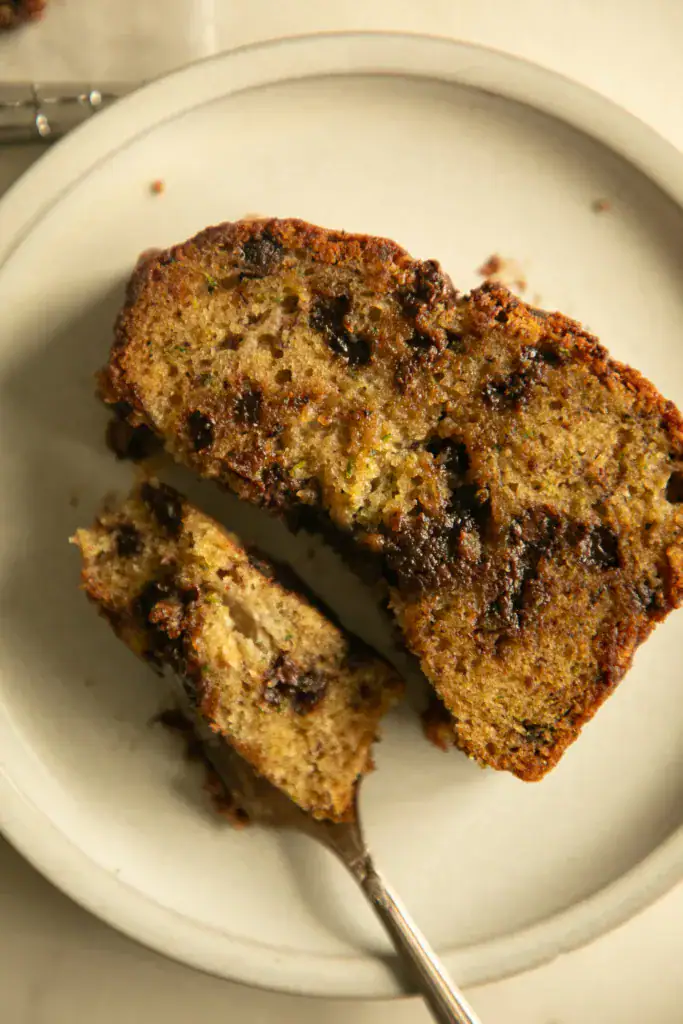Slice of chocolate zucchini bread on a plate