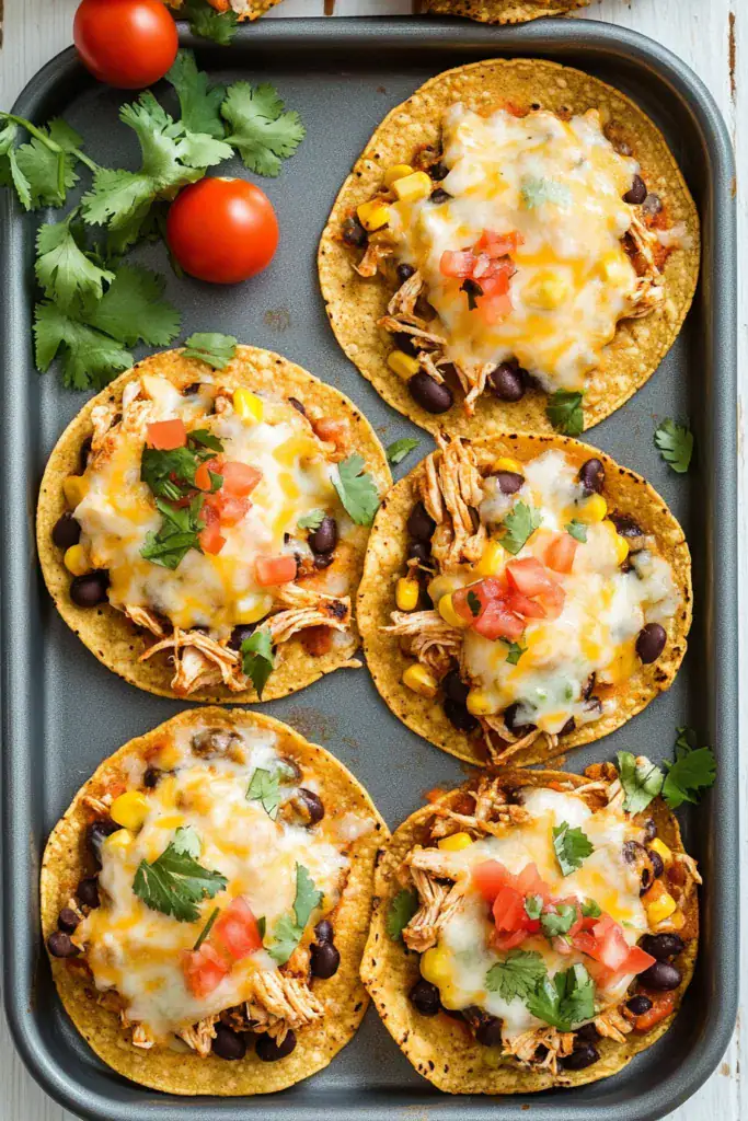 baked chicken tostadas on a pan