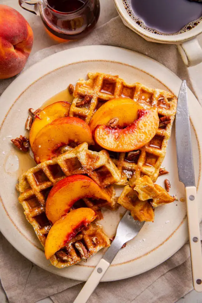 waffle slices with peaches 