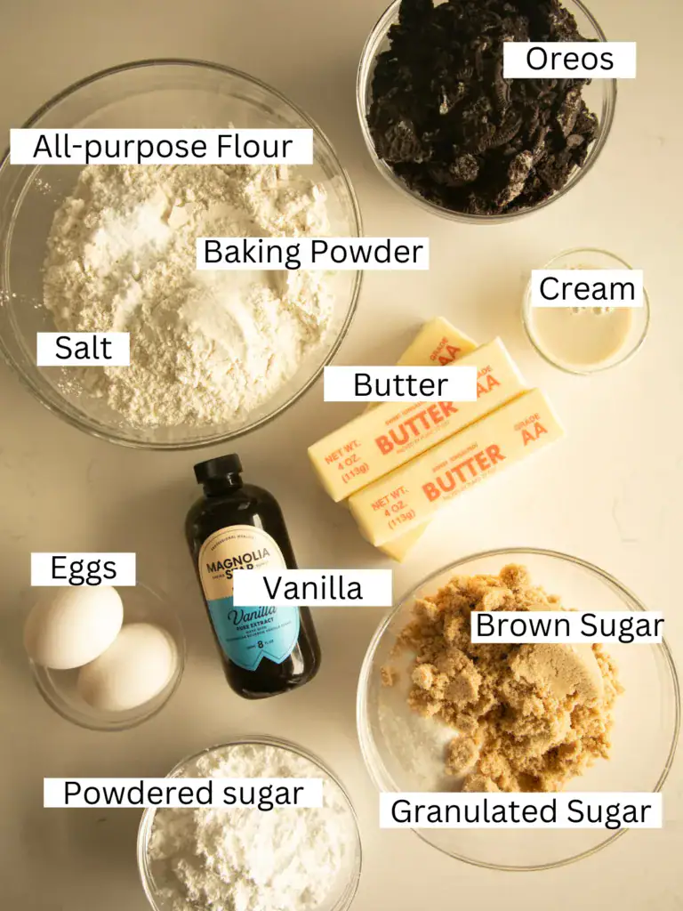 Portioned and labeled ingredients for the cookie cake and frosting