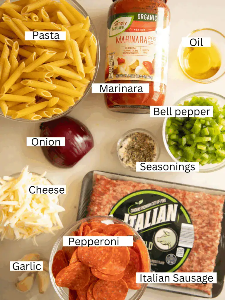 ingredients for the casserole prepped and portioned on marble