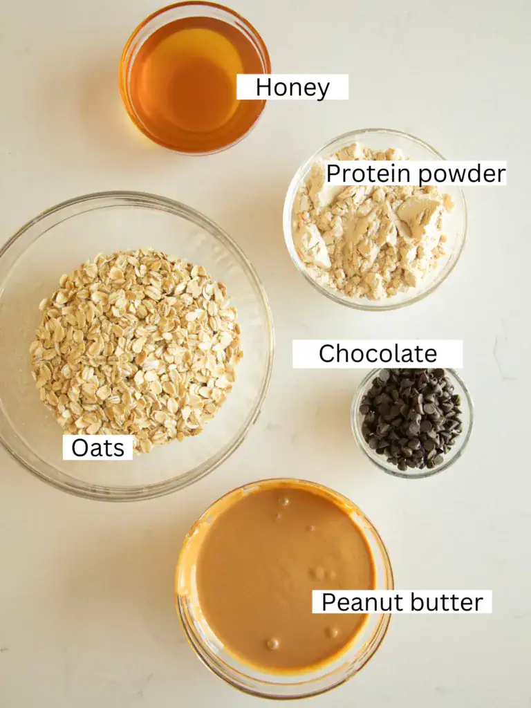 portioned and labeled ingredients for the protein balls