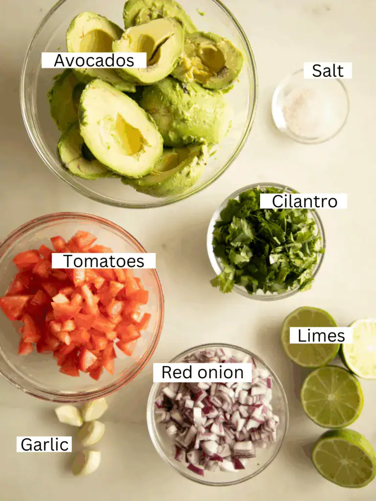 labeled and portioned ingredients for the homemade guacamole