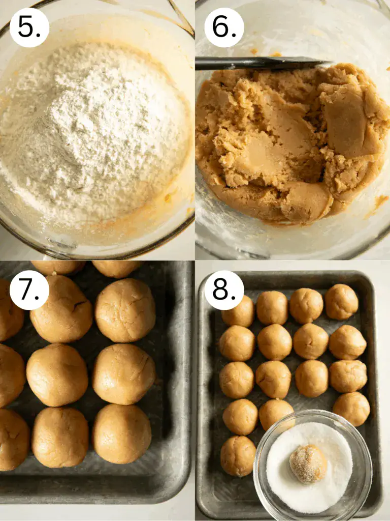 Collage of peanut butter cookie steps: flour added to dough, dough mixed, dough balls formed, dough balls rolled in sugar (Image 5-6-7-8 collage)
