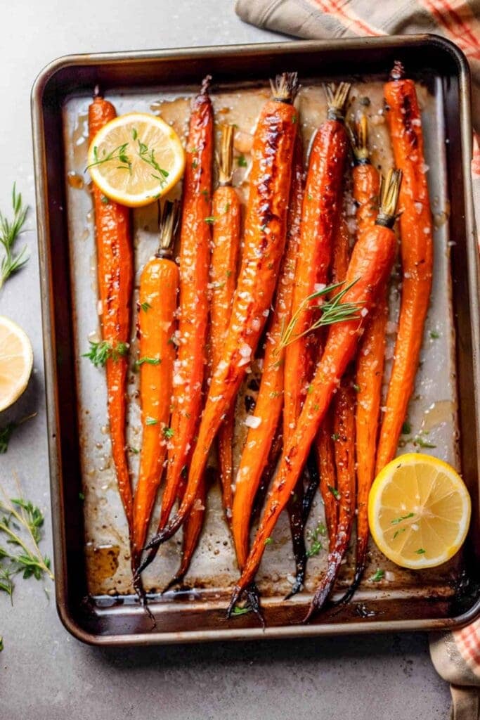 Pan of glazed roasted carrots
