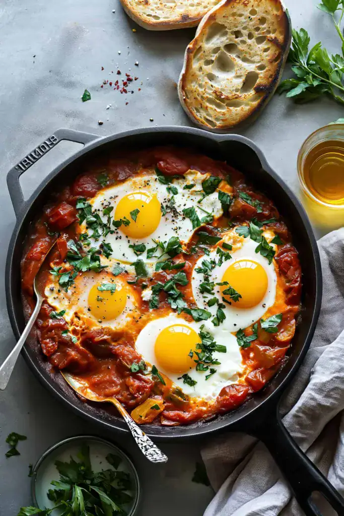 skillet with baked eggs and fresh herbs 