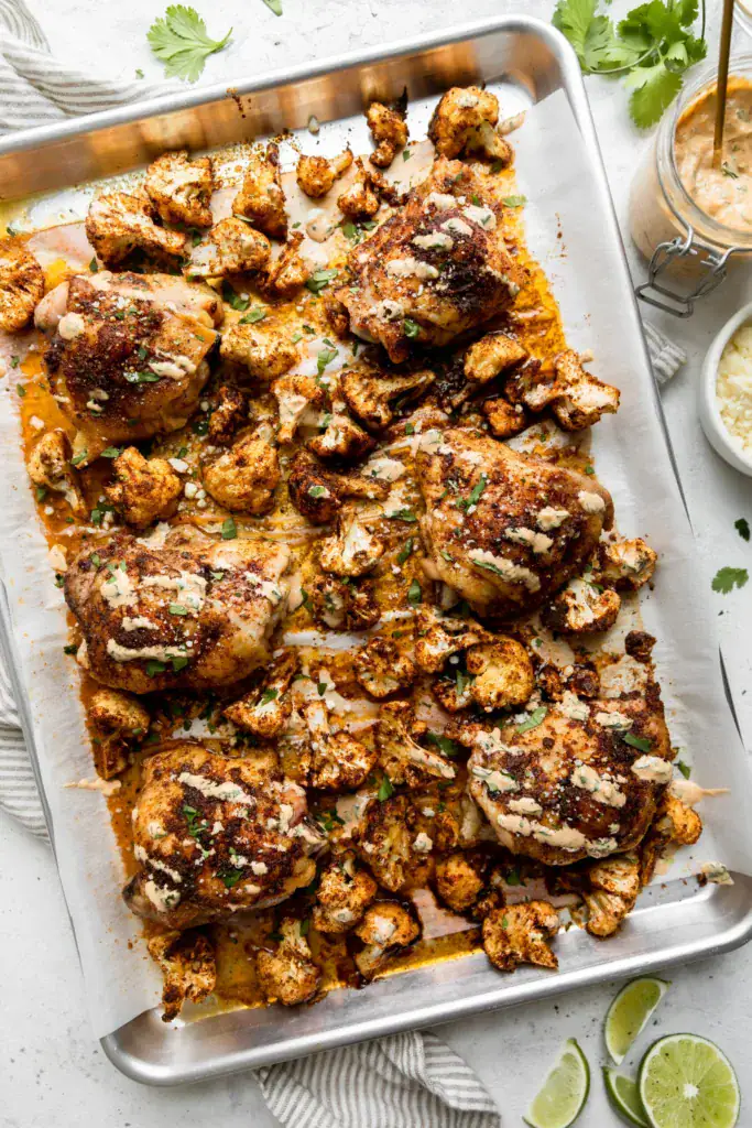 baked chicken thighs and cauliflower