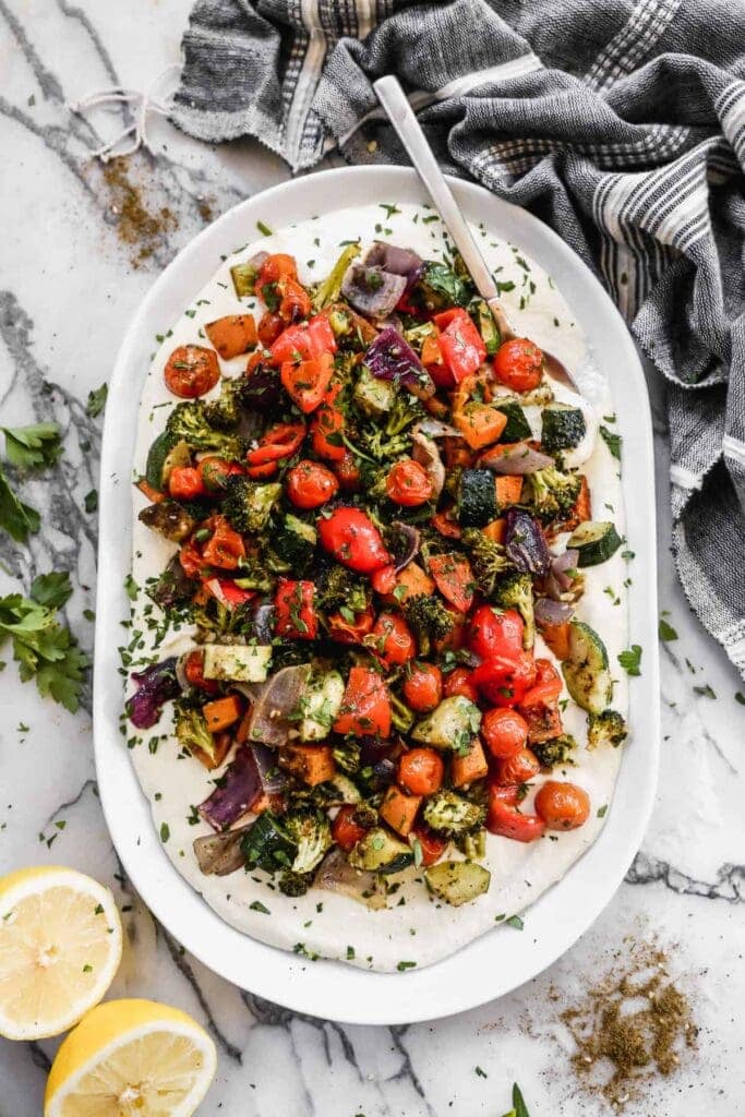 Roasted mixed veggies over feta