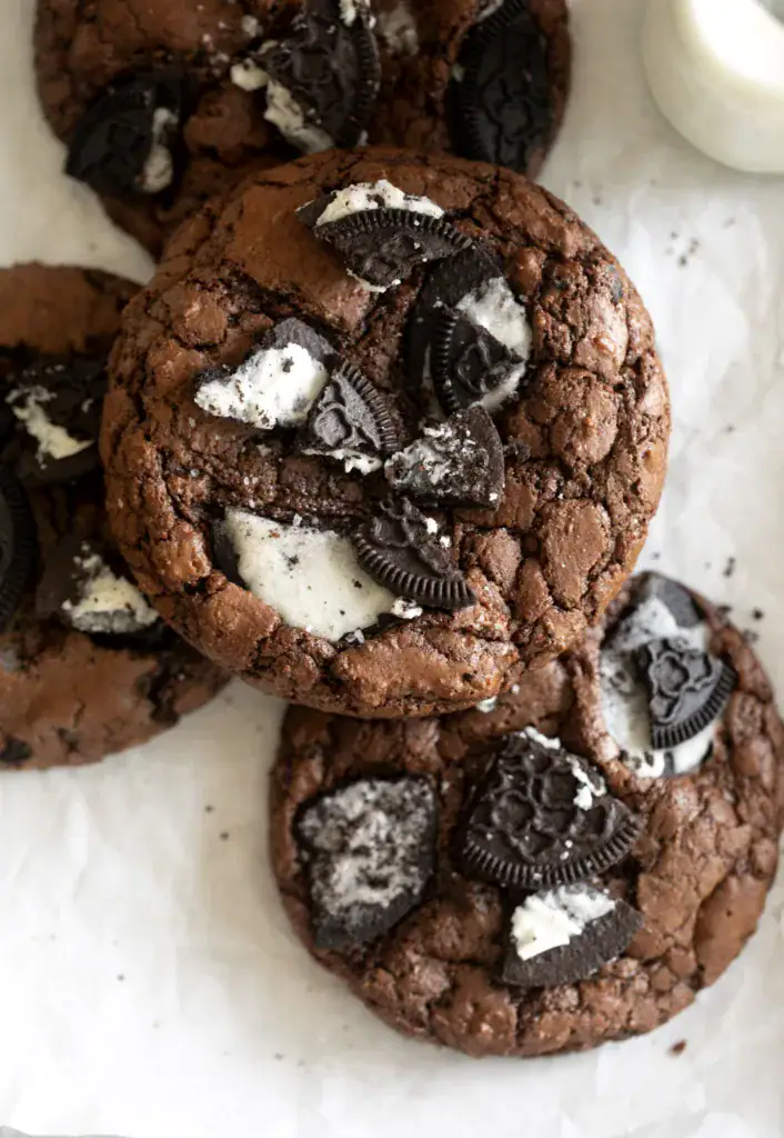 cluster of brownie cookies on parchment paper