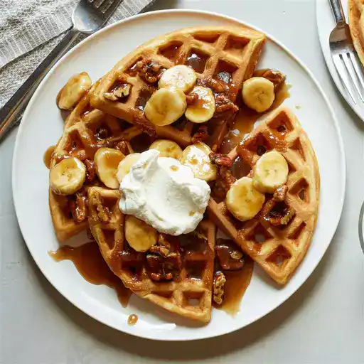 waffle slices with bananas and whipped cream 