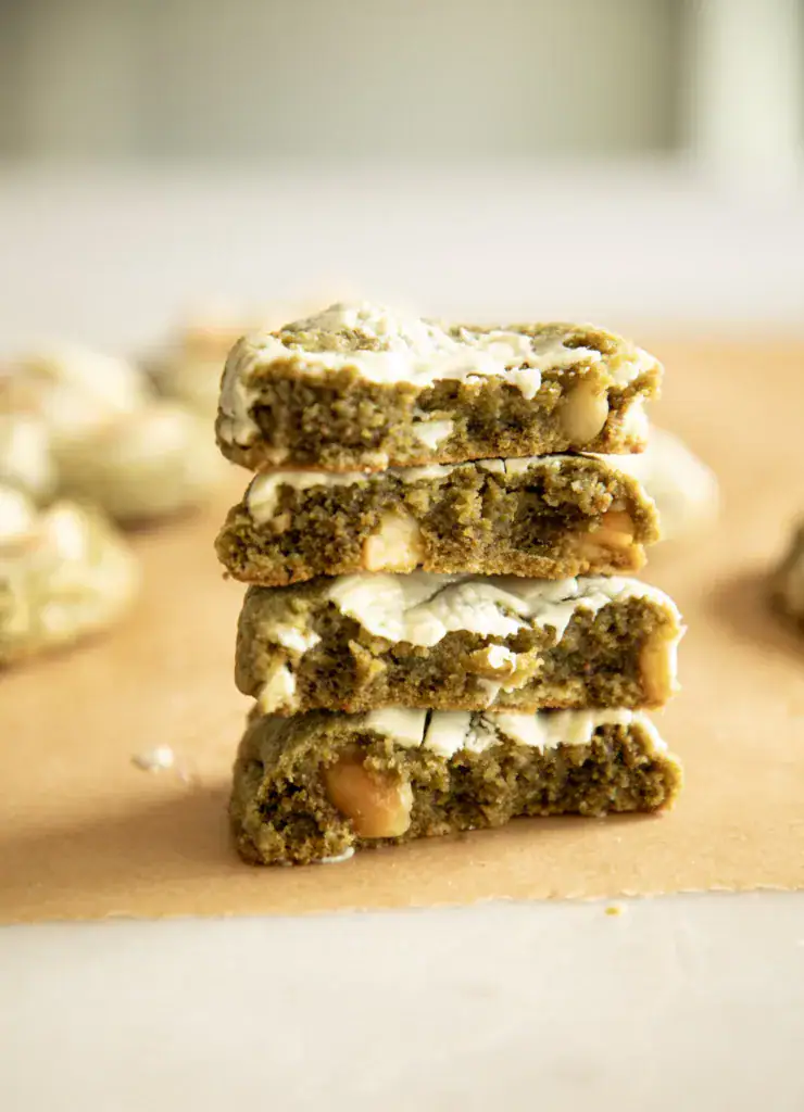 Close-up of chewy matcha cookies with macadamia nuts