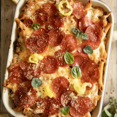 Pepperoni pizza pasta casserole with a golden cheesy top and crisp edges