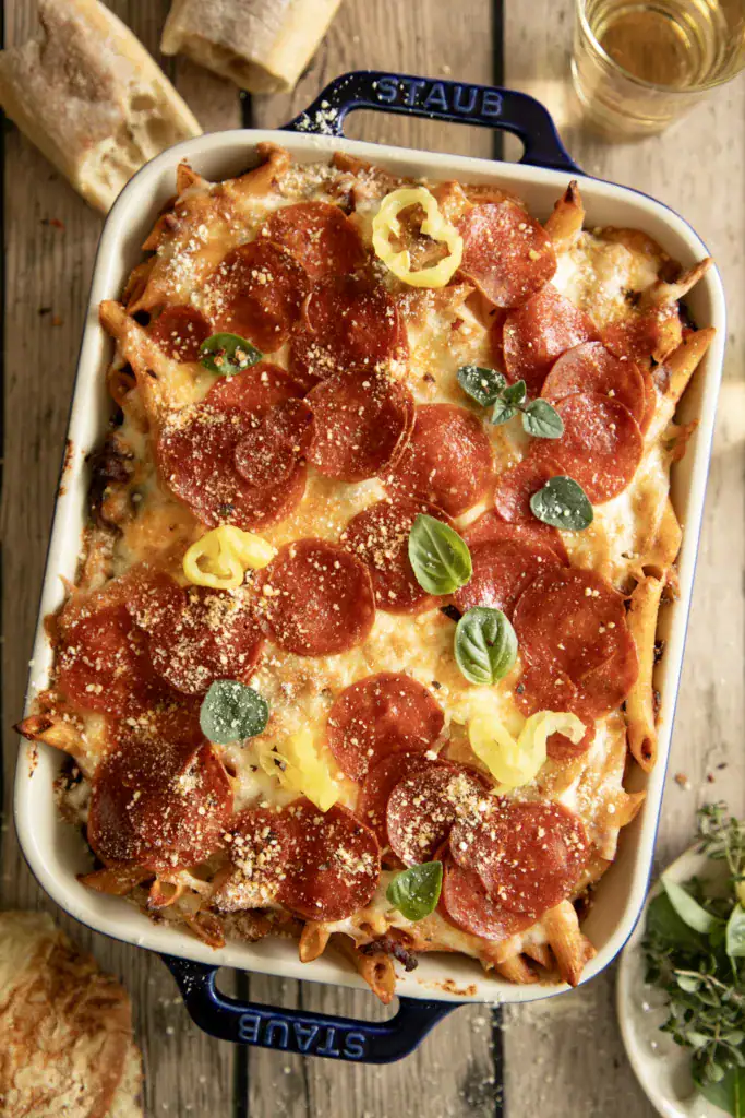 Pepperoni pizza pasta casserole with a golden cheesy top and crisp edges