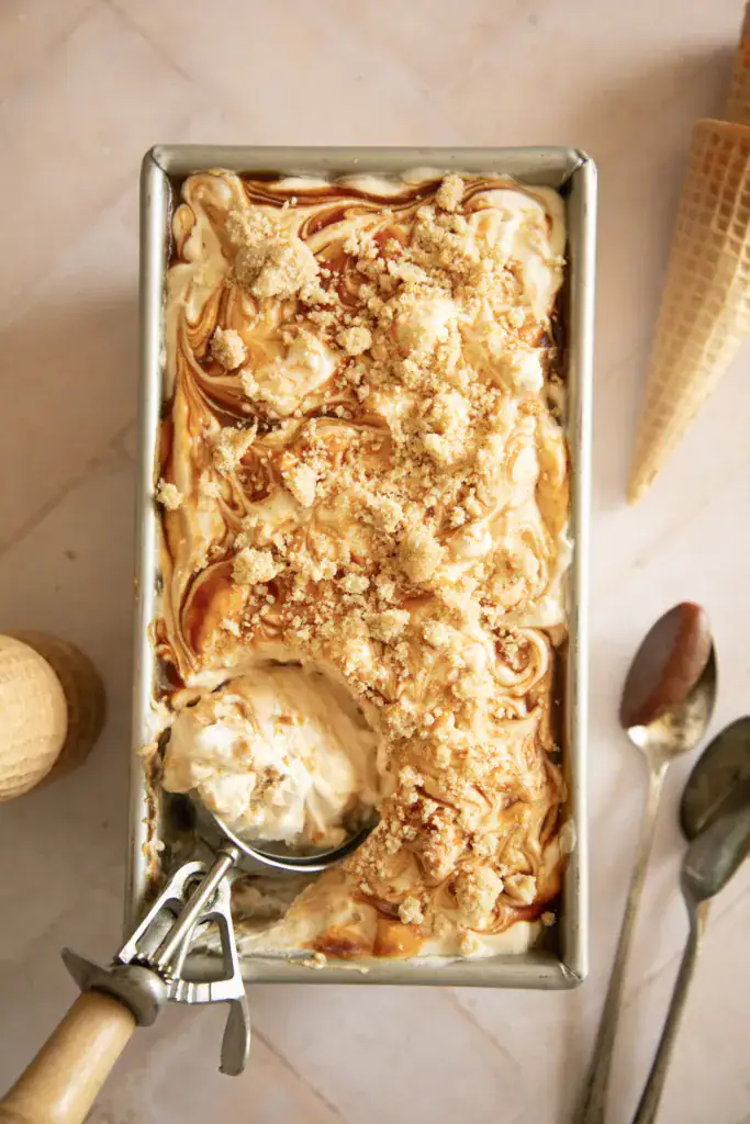 Large metal pan loaded with vanilla ice cream loaded with caramel swirls and snickerdoodles