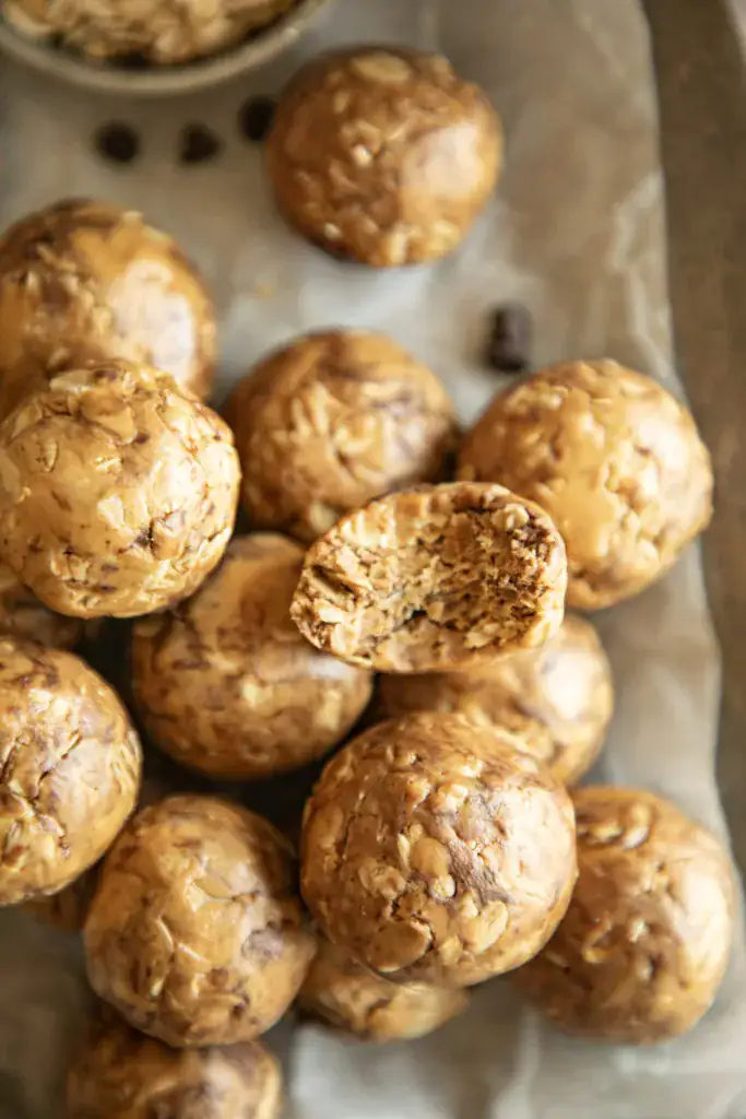no-bake protein balls with a bite taken out