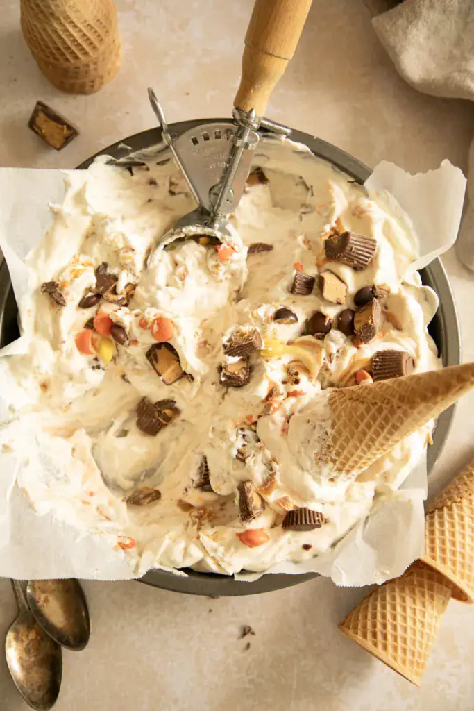 Pan of homemade peanut butter cup ice cream swirled with peanut butter and topped with candy pieces