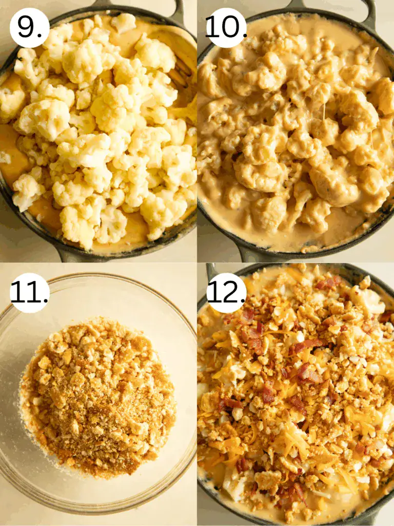 steps 9-12 on how to finish the cheesy cauliflower