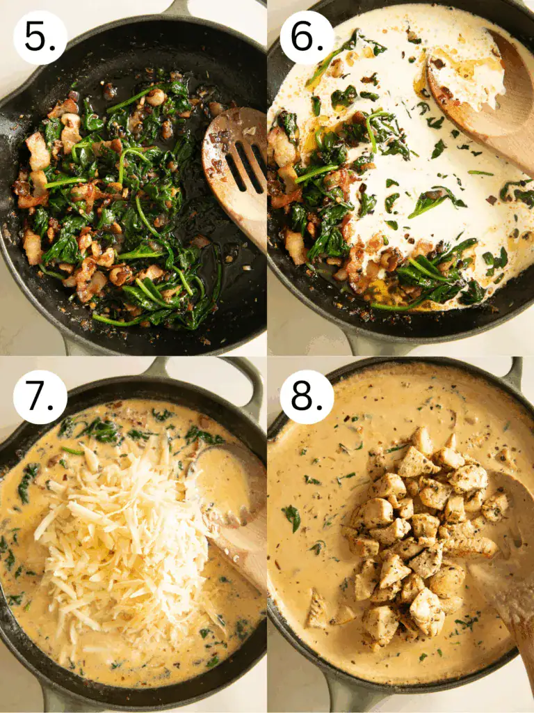 Cream and shredded cheese stirred into the skillet with spinach and bacon to form a creamy sauce.
