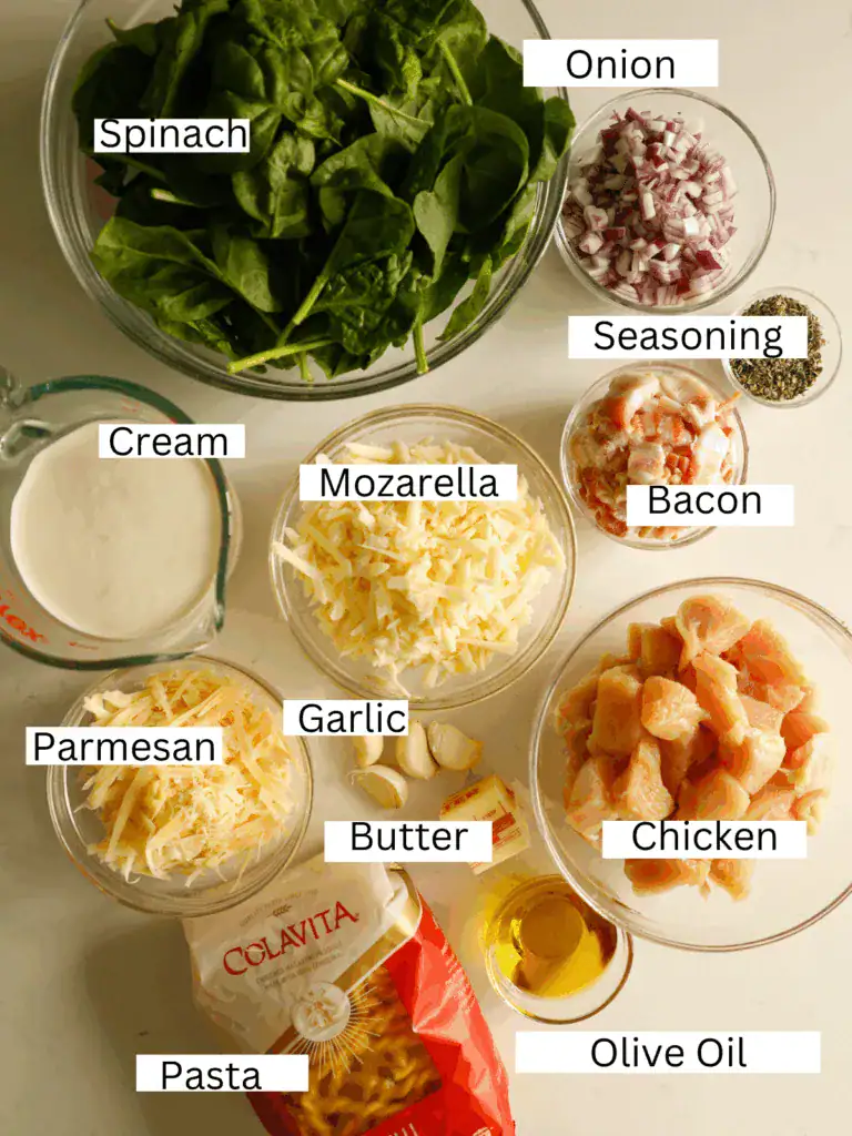 Labeled overhead shot of ingredients including chicken, bacon, spinach, pasta, cheese, cream, onion, garlic, butter, and olive oil.