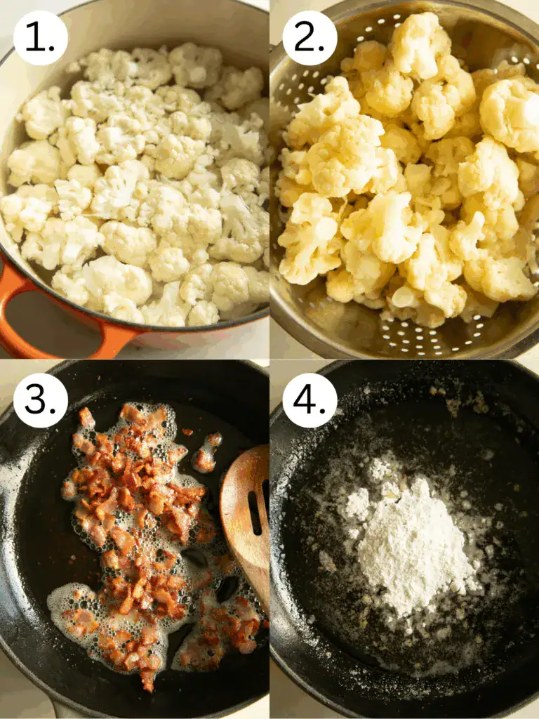steps 1-4 on how to cook the bacon and cauliflower.