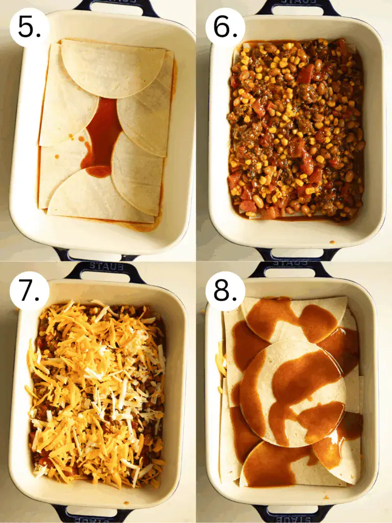 Steps showing how to layer tortillas and enchilada sauce inside a casserole dish.