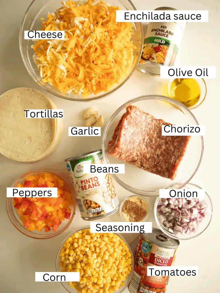 Overhead shot of labeled ingredients for Mexican lasagna, including tortillas, cheese, chorizo, corn, beans, peppers, and enchilada sauce.