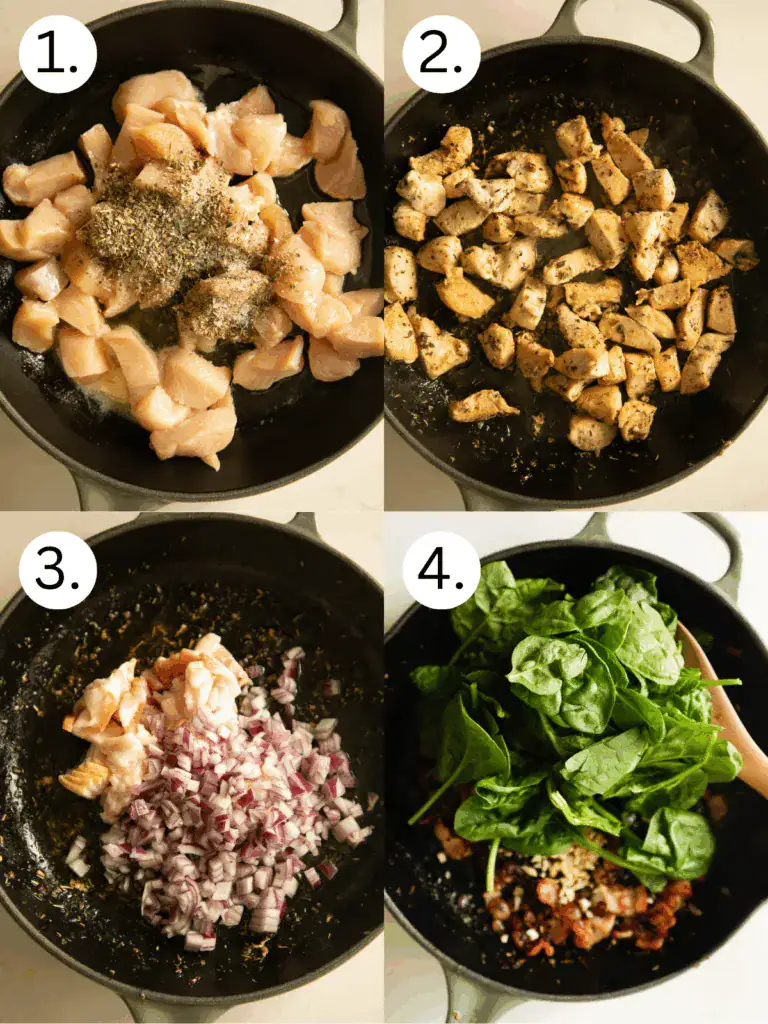 Fresh spinach and minced garlic added to the skillet with cooked bacon and onions.