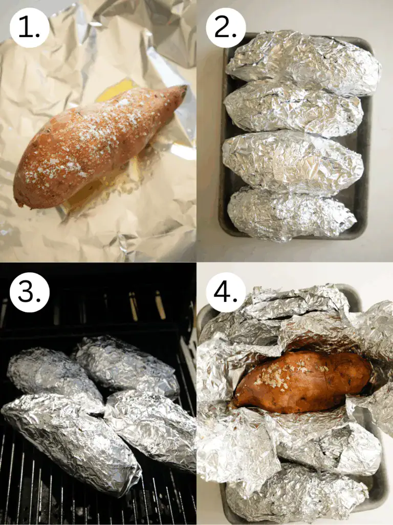 Sweet potato drizzled with olive oil and sprinkled with salt on foil, ready to be wrapped.