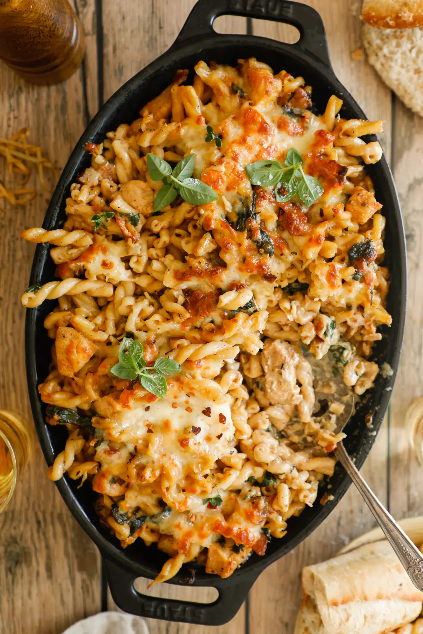 Oval dish with baked pasta