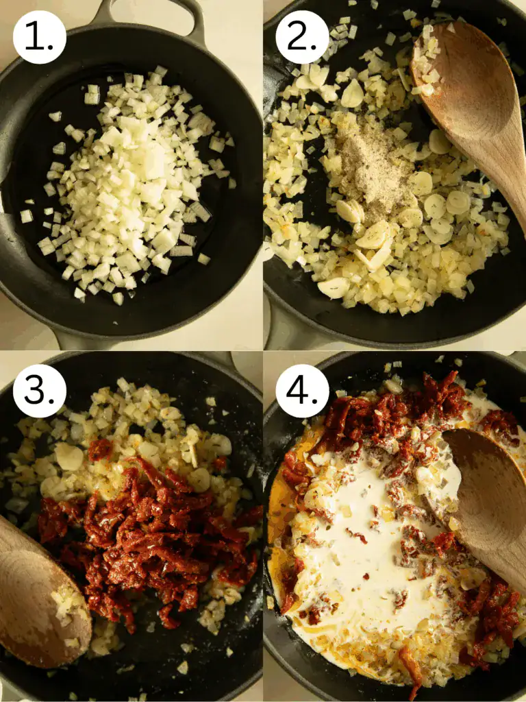 Step-by-step images showing onion, garlic, and sun-dried tomatoes being cooked and cream added in a skillet.