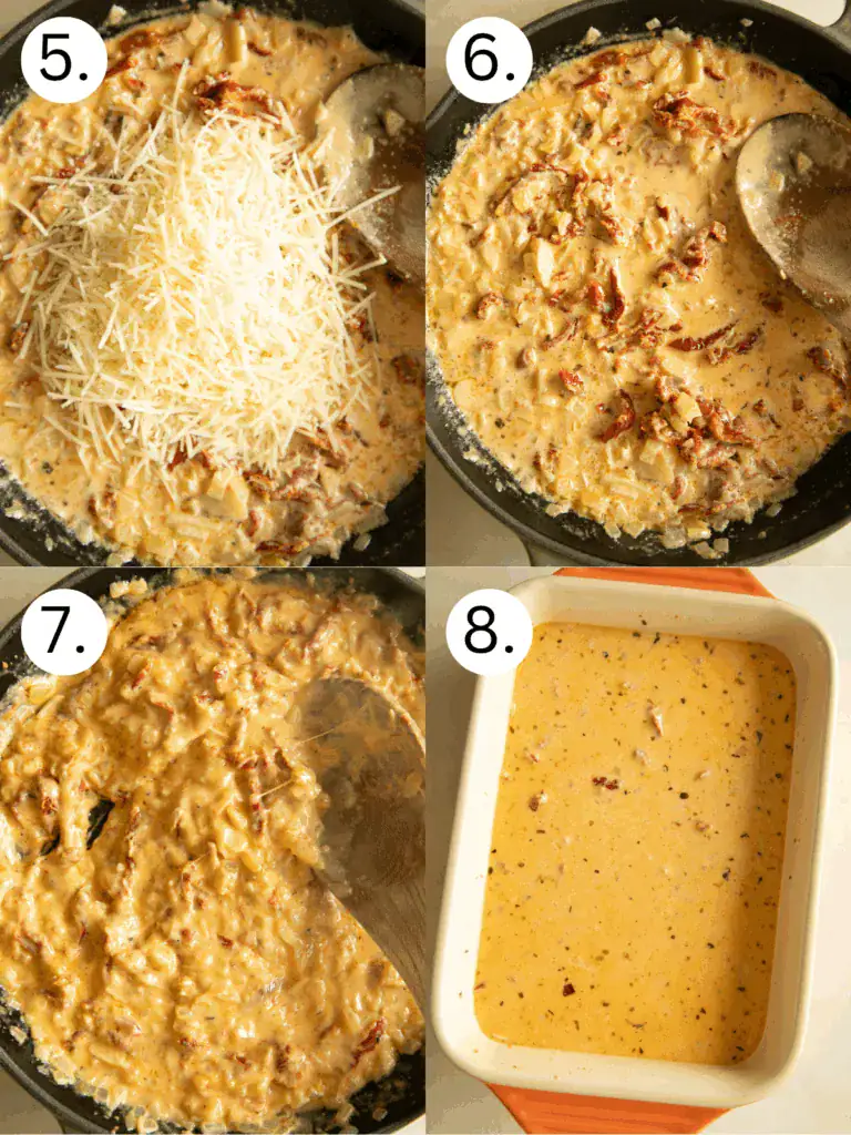 Progression of cooking creamy parmesan and sun-dried tomato sauce, ending with the mixture poured into a baking dish.