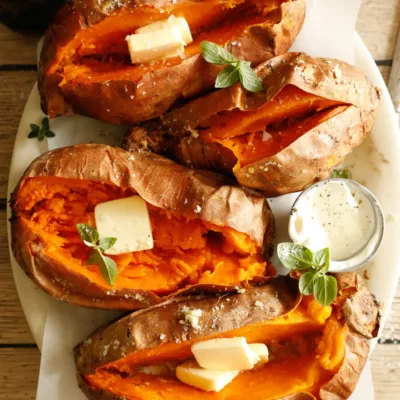 Overhead of grilled sweet potatoes opened and topped with butter, surrounded by herbs and drinks.