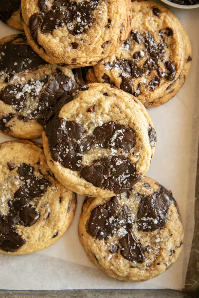 Overhead view of perfectly baked chocolate chunk tahini cookie.