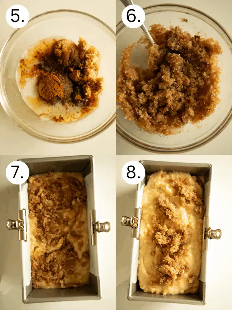 Mixing cinnamon sugar streusel and layering it into the banana bread batter in a loaf pan.