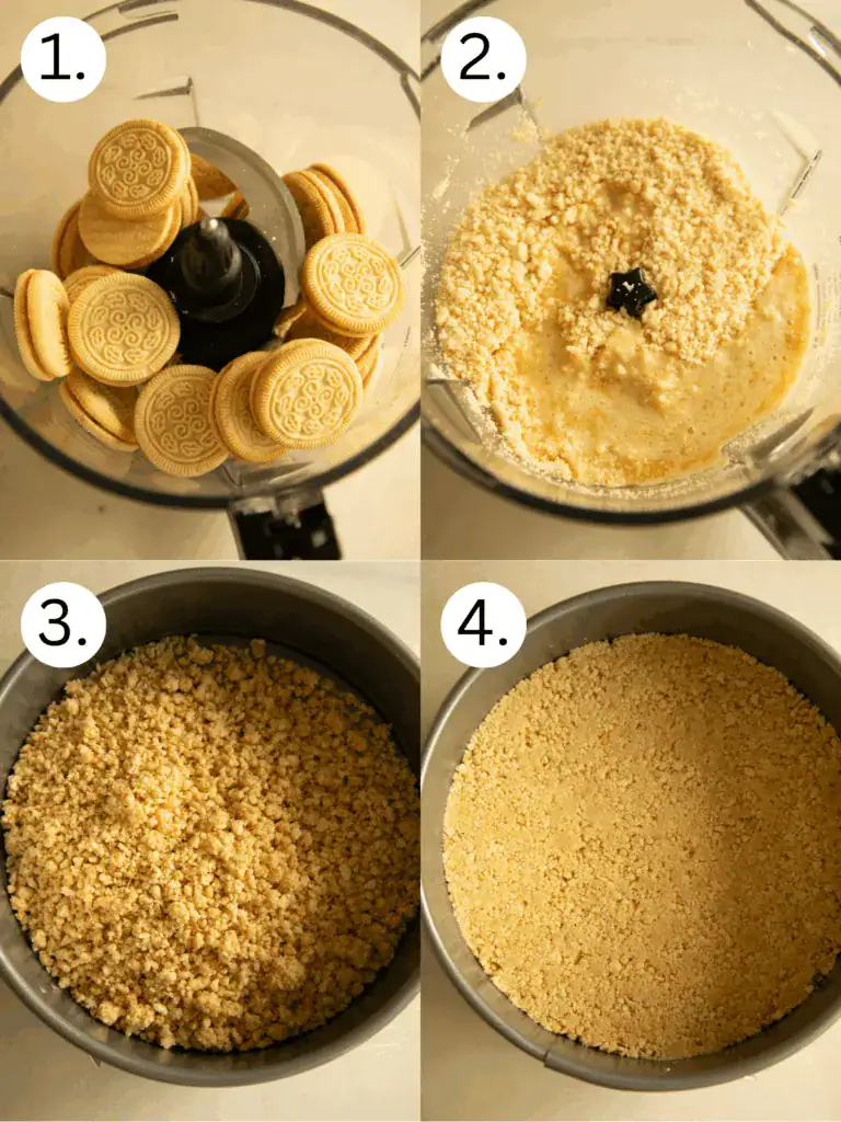 Step-by-step of making the Golden Oreo crust using a food processor and pressing it into a pan