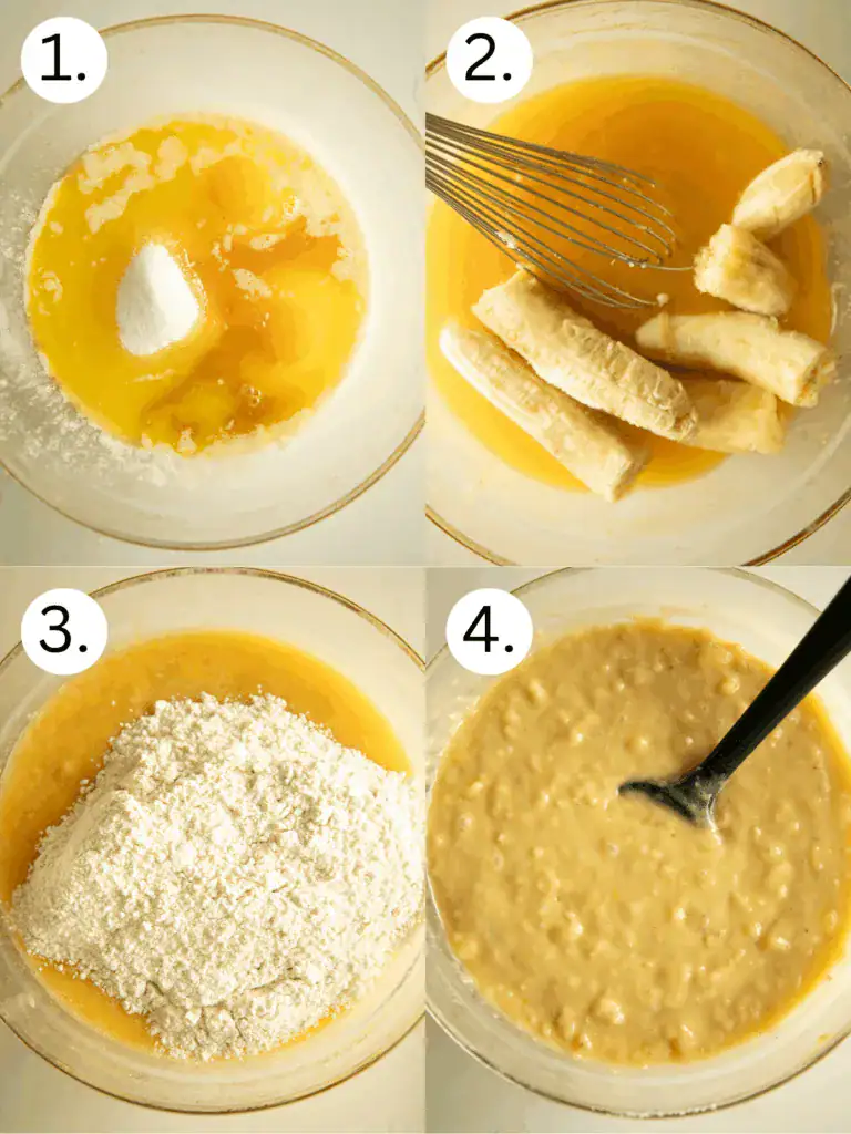 Step-by-step process of mixing wet ingredients, adding bananas, incorporating dry ingredients, and forming banana bread batter.