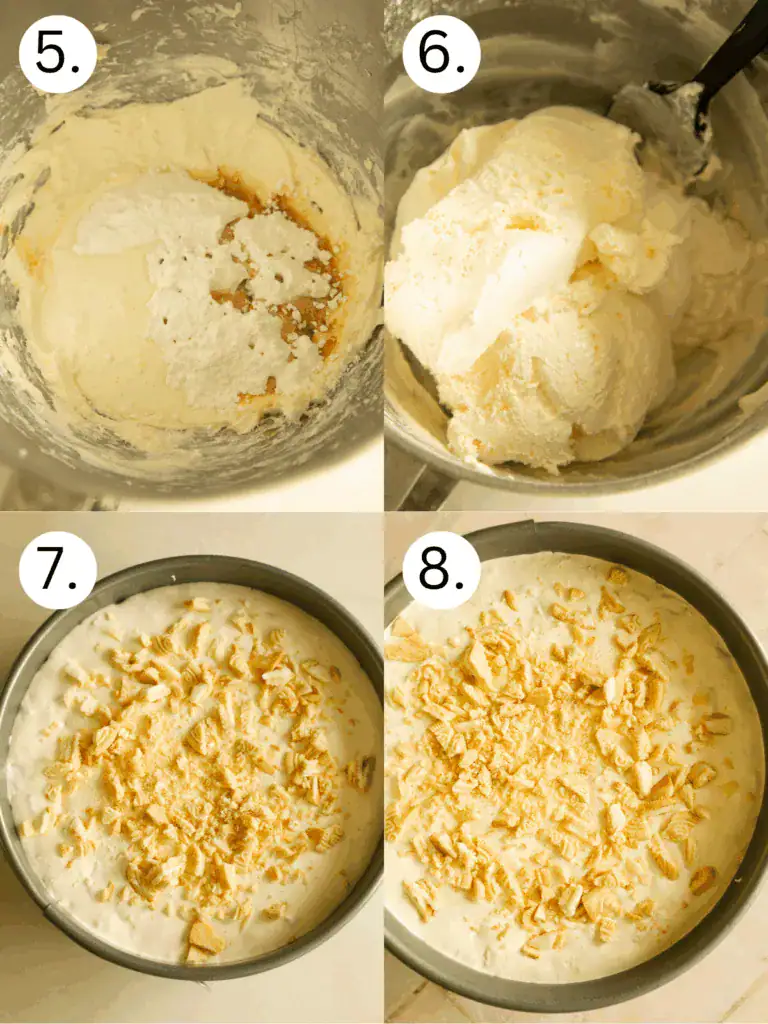 Step-by-step of mixing the cream cheese filling and topping the pie with crushed Golden Oreos in a springform pan