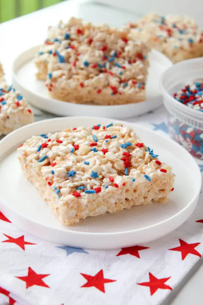 rice krispie treats with 4th of July sprinkles