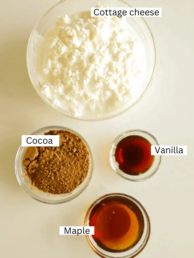 Overhead shot of four labeled ingredients for cottage cheese chocolate pudding: cottage cheese, cocoa powder, maple syrup, and vanilla extract.