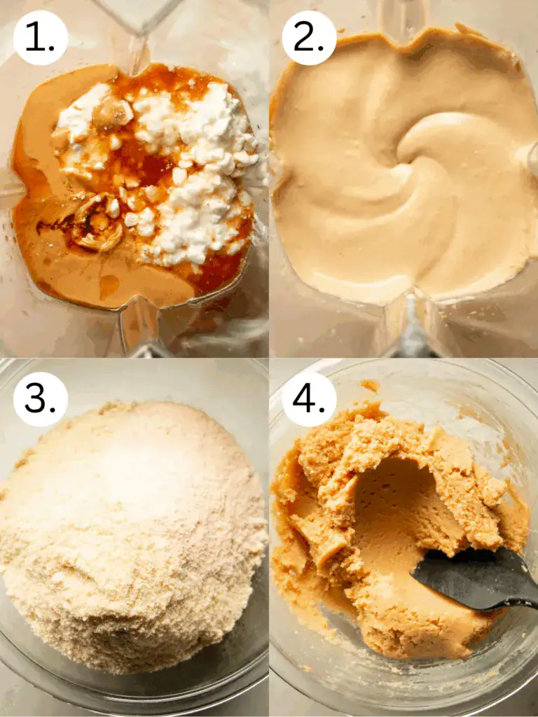 Process of blending cottage cheese, peanut butter, vanilla, and maple syrup, then combining with almond flour and protein powder to make edible cookie dough.
