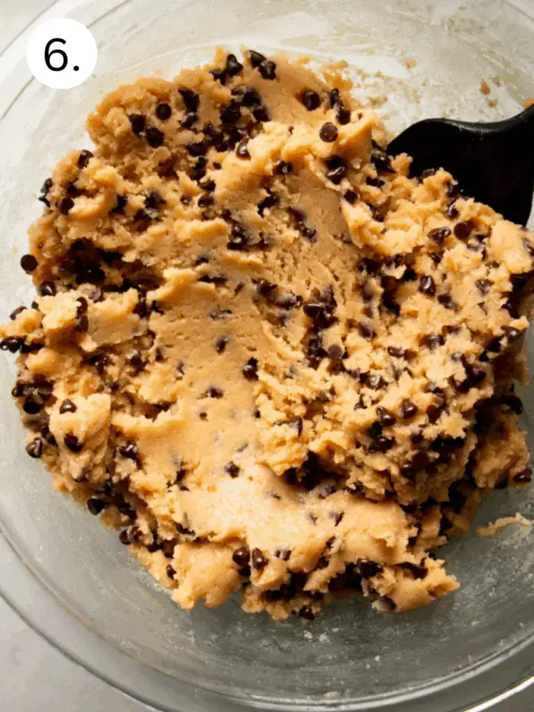 Final bowl of thick, smooth cookie dough packed with mini chocolate chips and made with cottage cheese and protein powder.