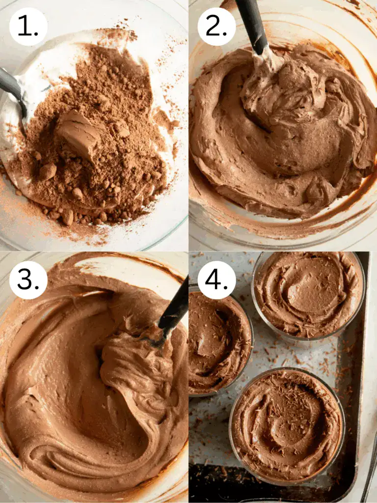 Step-by-step process of making whipped chocolate pudding using cottage cheese, cocoa powder, and maple syrup. Images show folding and mixing until smooth and creamy.