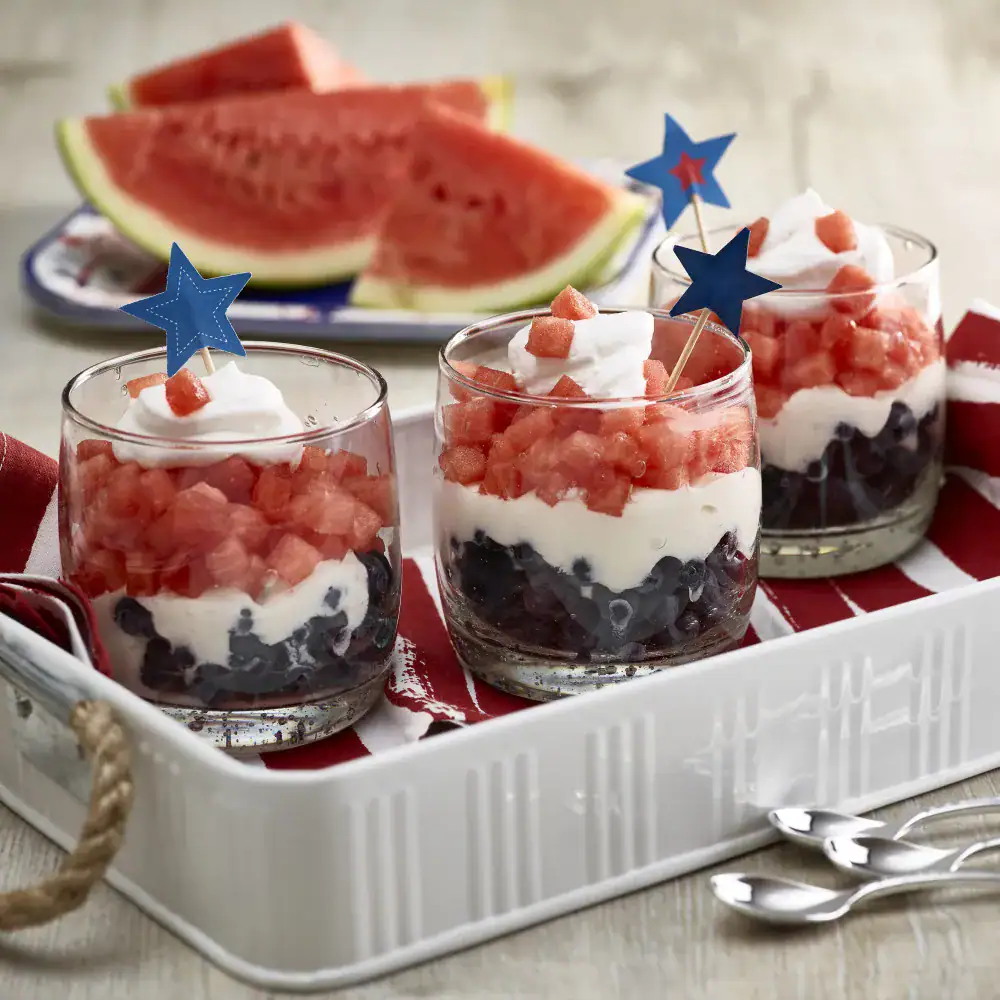 glasses with watermelon and blueberry parfaits
