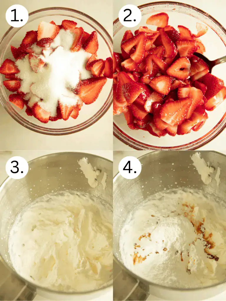 Process of preparing the strawberry mixture and whipped cream with sugar, vanilla, and powdered sugar in mixing bowls.