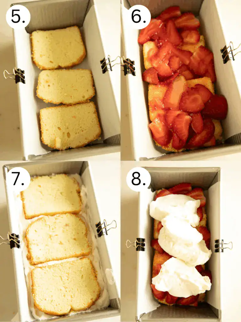 Step-by-step assembly of the icebox cake with pound cake slices, macerated strawberries, and whipped cream in a loaf pan.