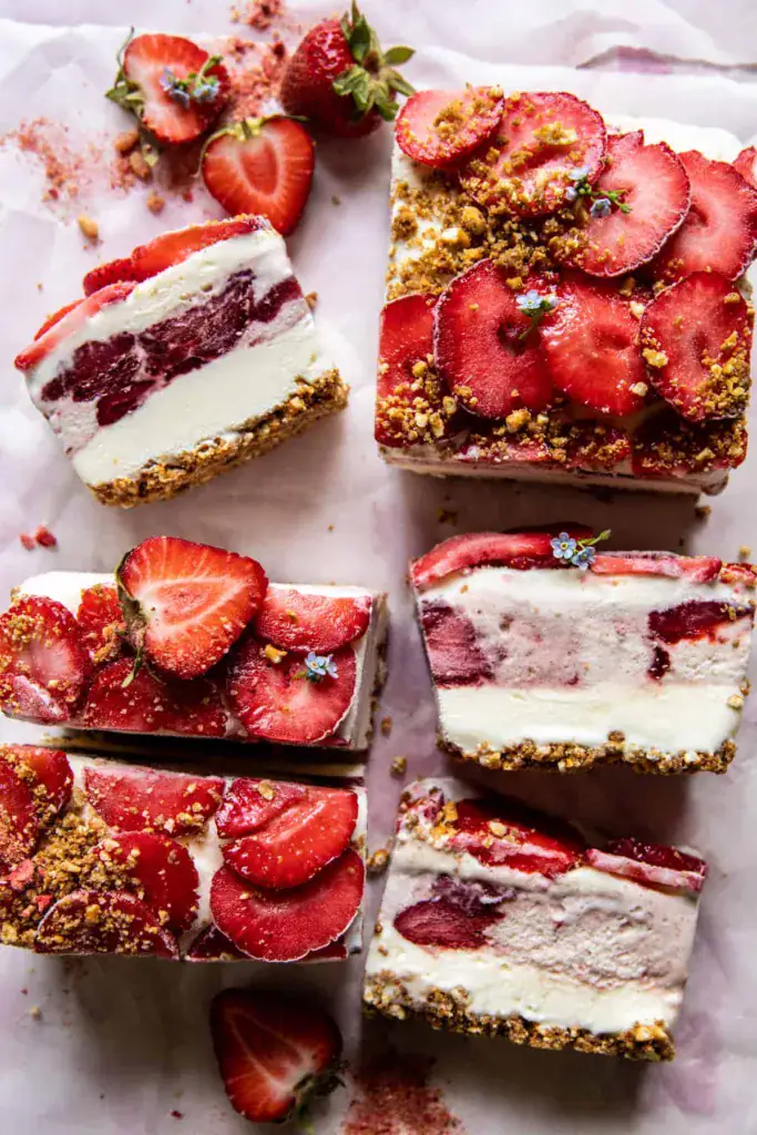 frozen strawberry ice cream cake sliced