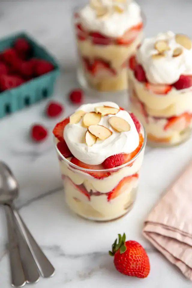 glass jars full of trifle with strawberries